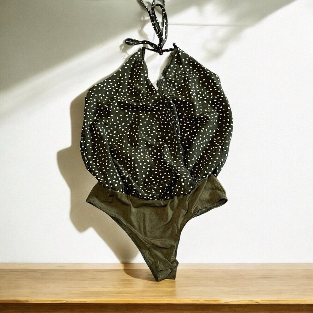 Escape by Blu Pepper Forest Green Polka Dot Sz Small Bodysuit Halter Tie Cute